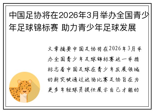 中国足协将在2026年3月举办全国青少年足球锦标赛 助力青少年足球发展